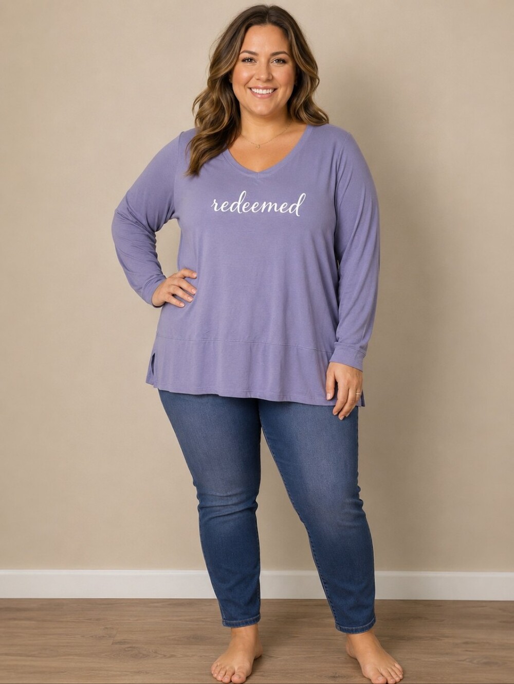 Lavender Long Sleeve Tee with 'Redeemed' Print Size XXL